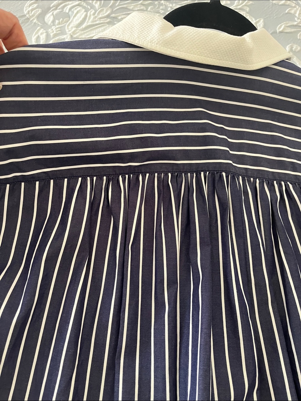 Striped Navy Button-Down Shirt with Contrast White Collar French cuffs oversized - Picture 9 of 13